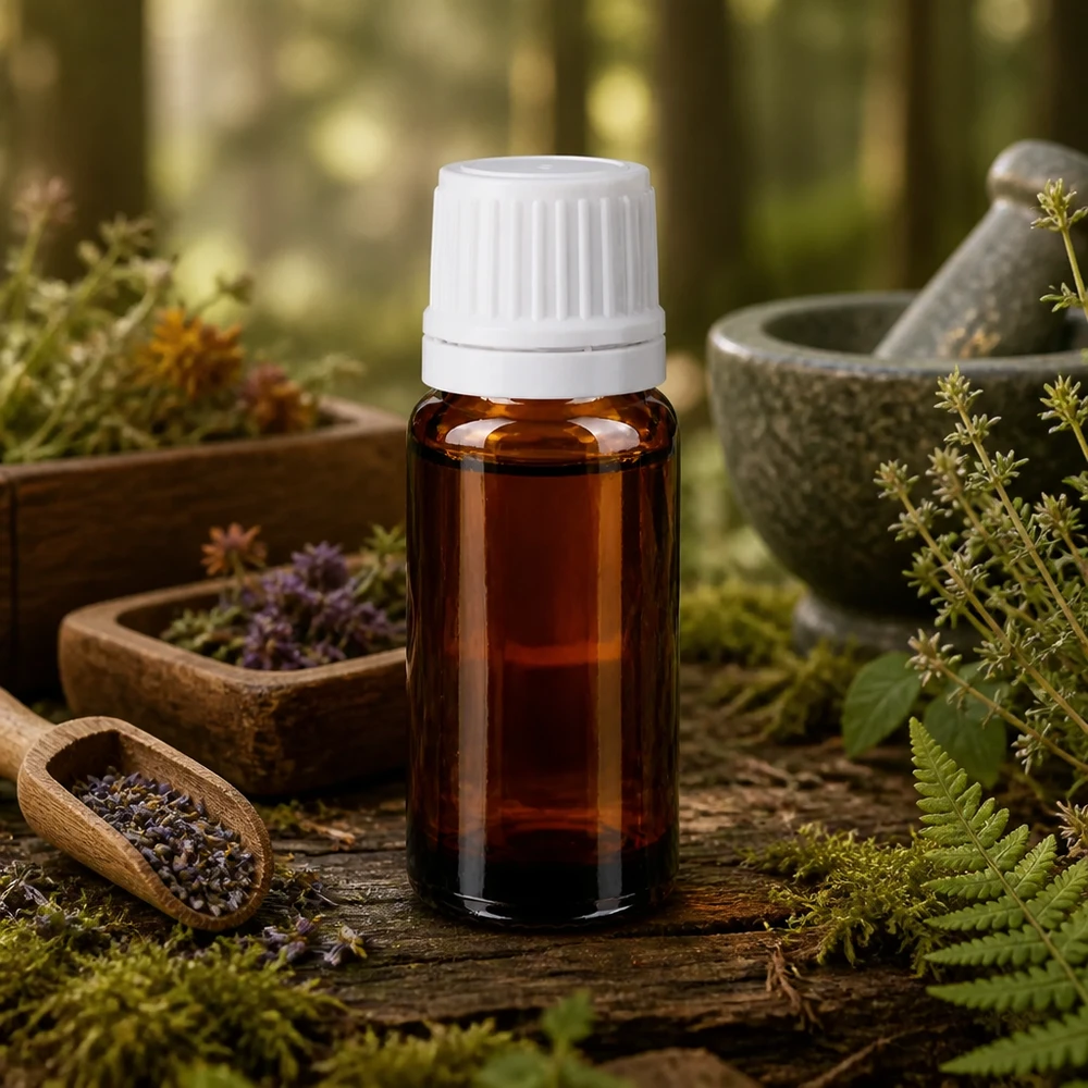 Apothekenflasche braun 10ml Tropfverschluss 1.2mm weiß Originalitätsverschluss Apothekerglas 10ml in Braunglas mit präzisem Weißverschluss auf Naturholz mit Heilkräutern
