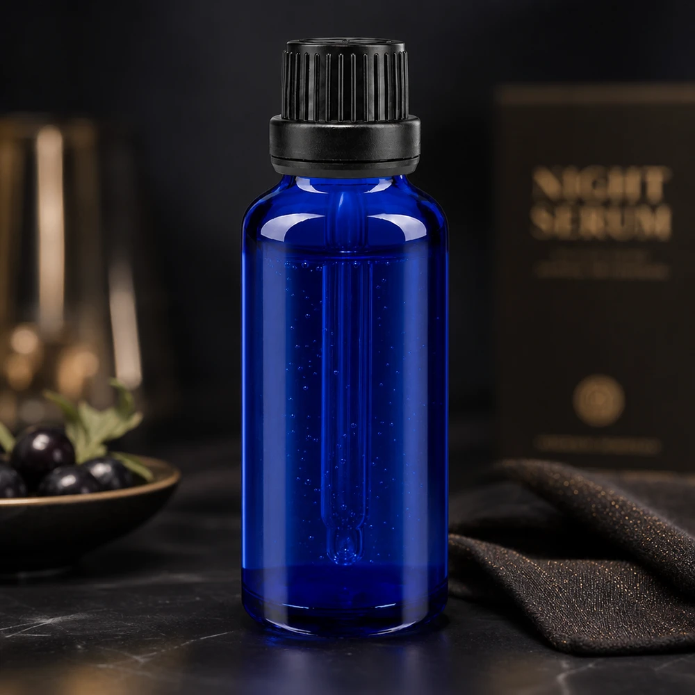 Blaue 30ml ApoGlas Flasche mit 2mm Tropfeinsatz vor luxuriöser Night Serum Verpackung
