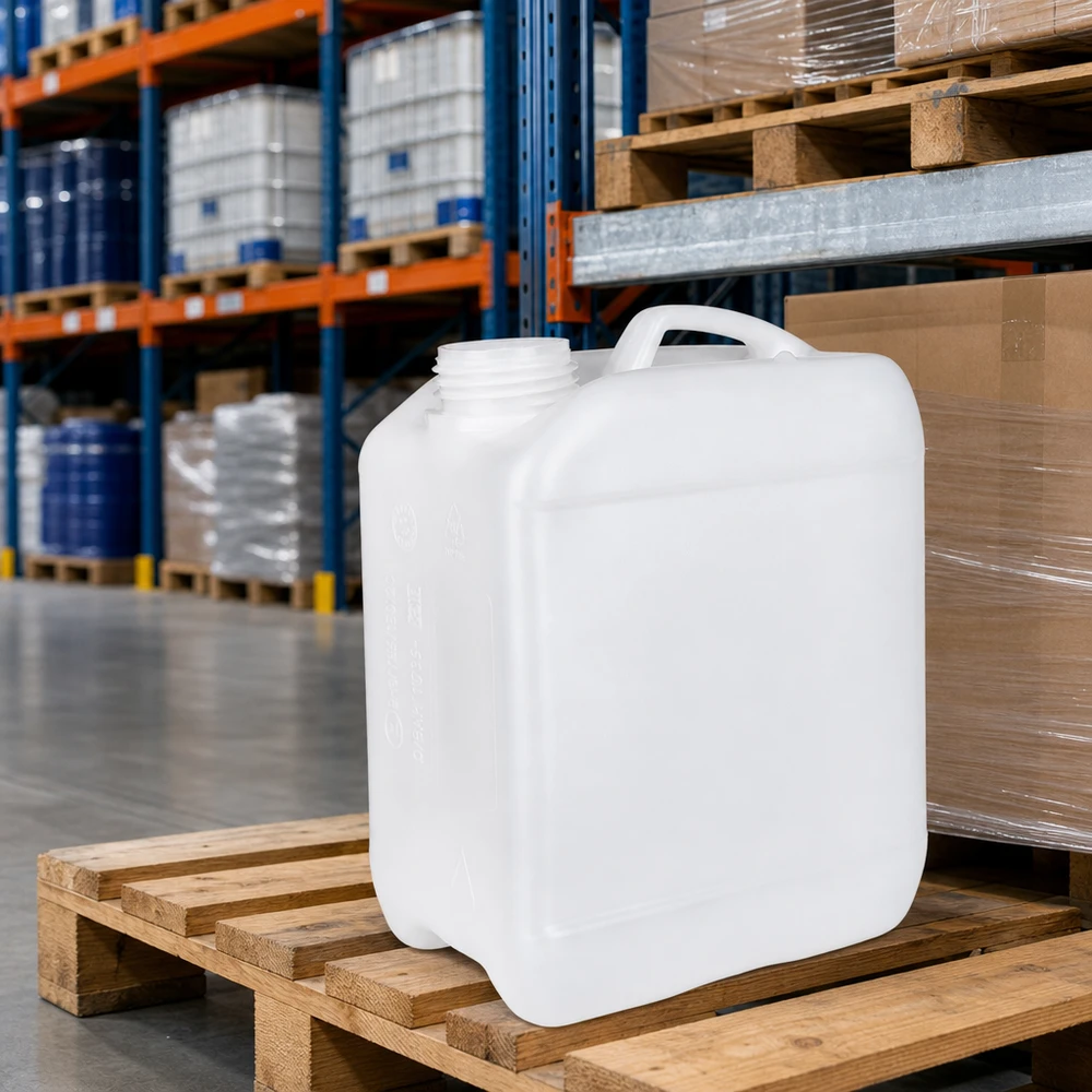 Kleiner weißer HDPE-Kanister 2,5 Liter mit Schraubhals und Tragegriff im Logistikzentrum