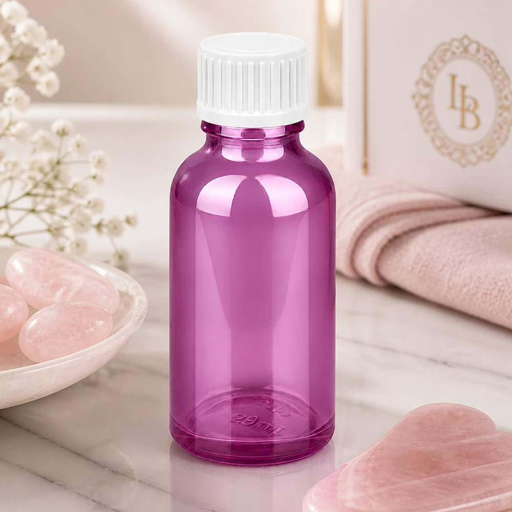 30ml (Globuli)Flasche.. 3mm Giessring weiß Standard PurpleLine. UT18/30 30ml Flasche aus getöntem Glas in Lila mit kindersicherem Drehverschluss UT18 Gewinde