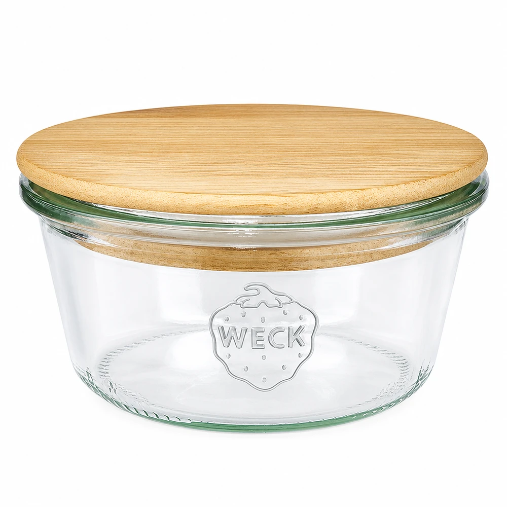 WECK Sturzglas 290ml niedrig RR100 mit rundem Holzdeckel aus Bambus, Einmachglas mit WECK Logo auf weißem Hintergrund