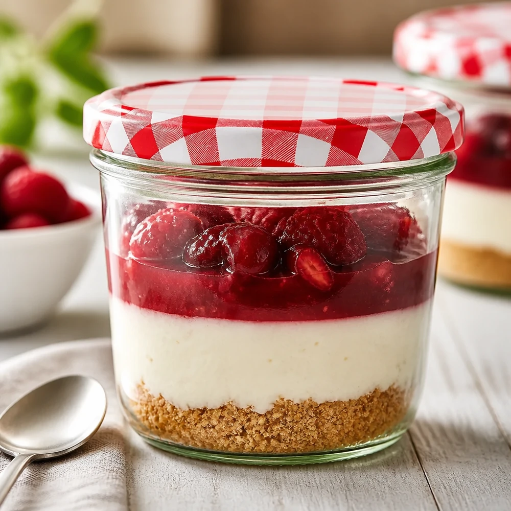 Sturzglas 230ml als Dessertglas mit Schichtdessert und rot-weiß kariertem BasicSeal Verschluss in Küchenszenerie