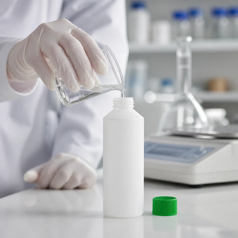 100ml Apothekenflasche aus HDPE in Weiß mit grünem SV beim professionellen Abfüllprozess