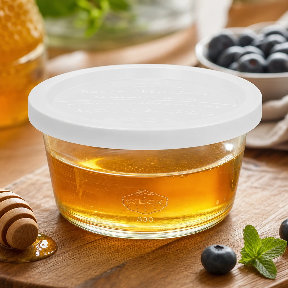 WECK Gourmetglas 450ml RR120 mit Honig gefüllt und weißem Deckel auf Holztisch mit Blaubeeren und Minze