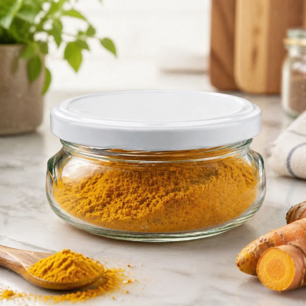 120ml Terrinenglas mit BasicSeal Deckel weiß UNiTWIST Terrinenglas 120ml mit weißem Deckel gefüllt mit Kurkumapulver in Küchenumgebung mit frischen Kurkumawurzeln