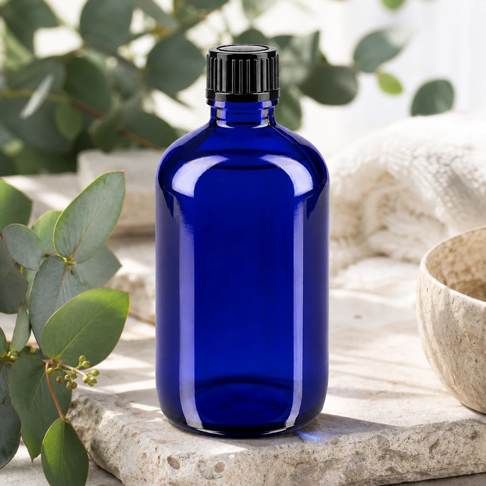 Apothekenflasche blau 100ml Schraubverschluss schwarz Standard Kobaltblaue Glasflasche 100ml mit Schraubverschluss für ätherische Öle und Naturkosmetik
