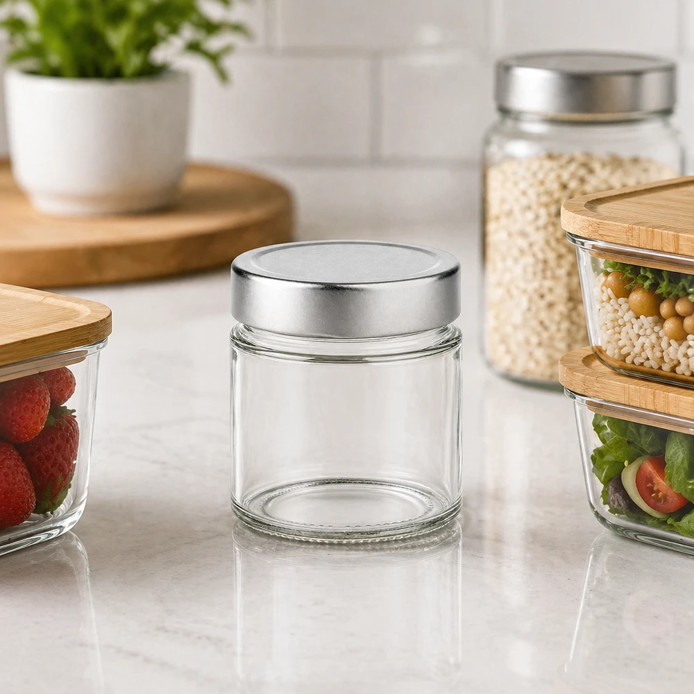 135ml Rundglas silber Deckel Küchenszenerie mit Vorratsgläsern Beeren Salat Getreide moderne Aufbewahrung