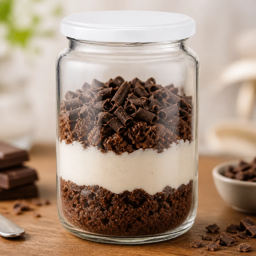 795ml Rundglas UNiTWIST befüllt mit geschichtetem Schokoladendessert zeigt praktische Verwendung als Dessertglas