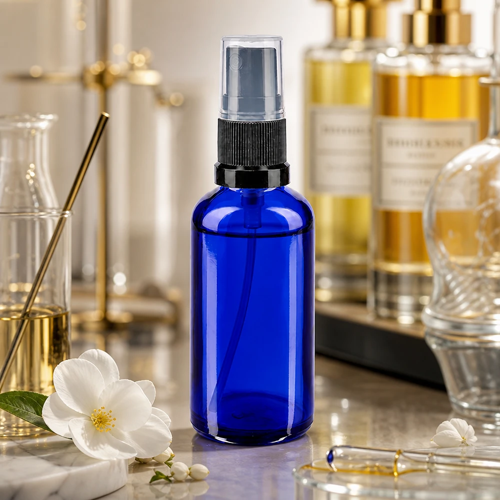 Apothekenflasche blau 50ml Sprayaufsatz schwarz Kompakte Glassprayflasche 50ml Blau mit schwarzem Pumpkopf für Parfum und Raumspray