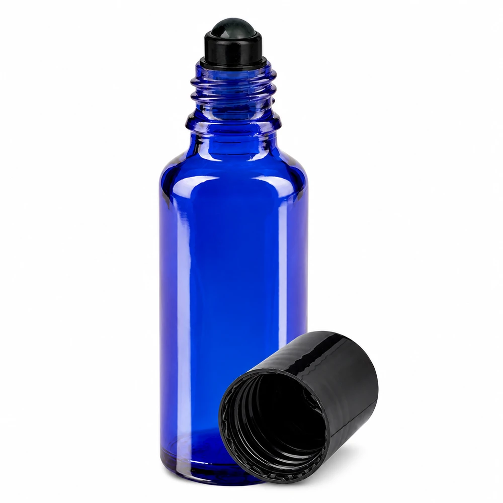 Apothekenflasche blau 30ml Roll-On Verschluss schwarz Kobaltblaue Roll-On Flasche 30ml aus Apothekerglas mit schwarzem Rollkugel-Aufsatz