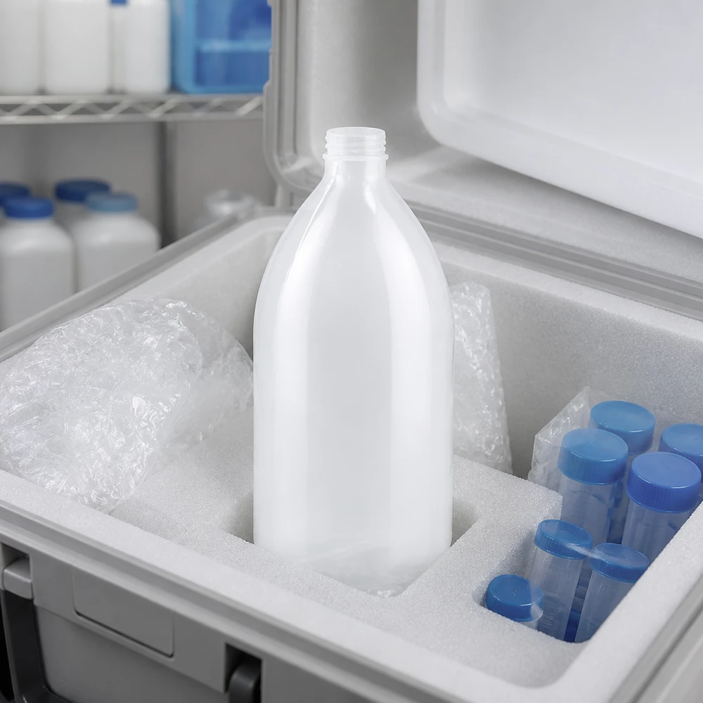 1000ml Laborflasche Enghals ohne Verschluss Enghals Laborflasche 1000ml ohne Verschluss sicher verpackt mit Trockeneis im Kryobehälter