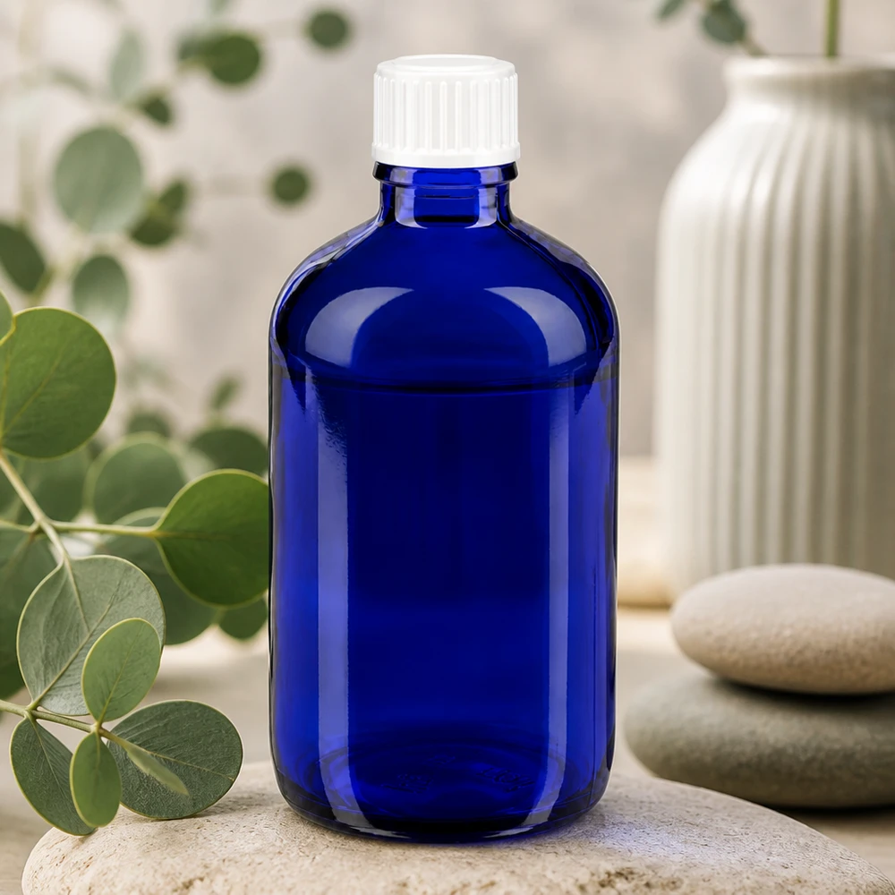 Apothekenflasche blau 100ml Schraubverschluss weiß Globuli Standard Lichtschutzflasche 100ml aus kobaltblauem Apothekerglas mit Originalitätsverschluss