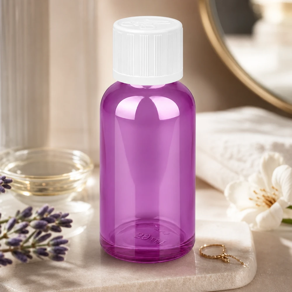 30ml Flasche 11mm Schraubverschluss weiß Standard Kindersicher PurpleLine UT18/30 Wiederverwendbare 30ml Glasflasche in elegantem Violett mit robustem weißem Schraubdeckel