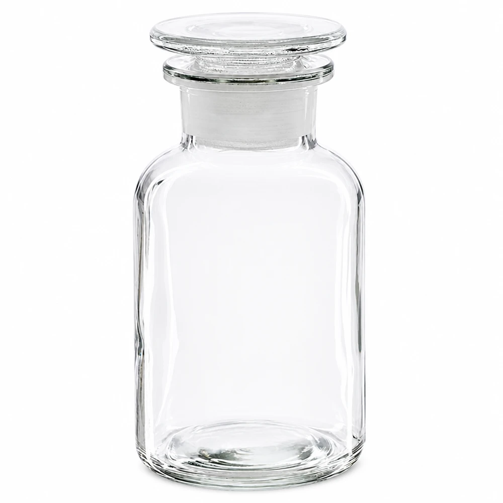 Rundschulterflasche aus klarem Glas 250ml mit breitem Hals und flachem Glasstopfen