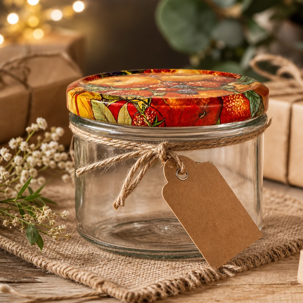 225ml Sturzglas Obst-Dekor als Geschenkidee mit Kraftpapier-Anhänger, dekoratives Einmachglas im rustikalen Stil
