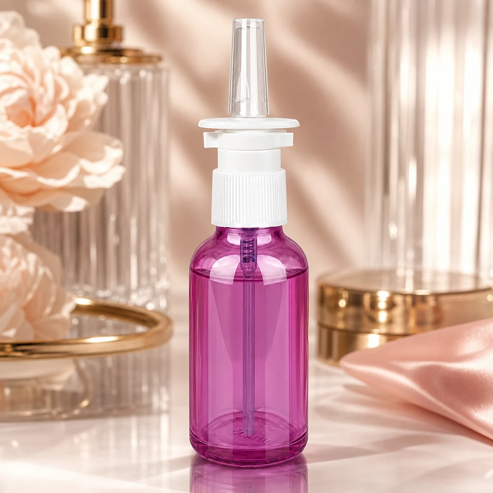 30ml Nasensprayflasche weiß/transparent Standard PurpleLine. UT18/30 Medizinische 30ml Glasflasche Purple mit präzisem Nasensprüh-Aufsatz für therapeutische Zwecke