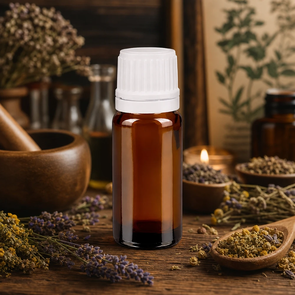 Braunglas Phiole 10ml mit weißem OV-Verschluss umgeben von Lavendel und Kräutern