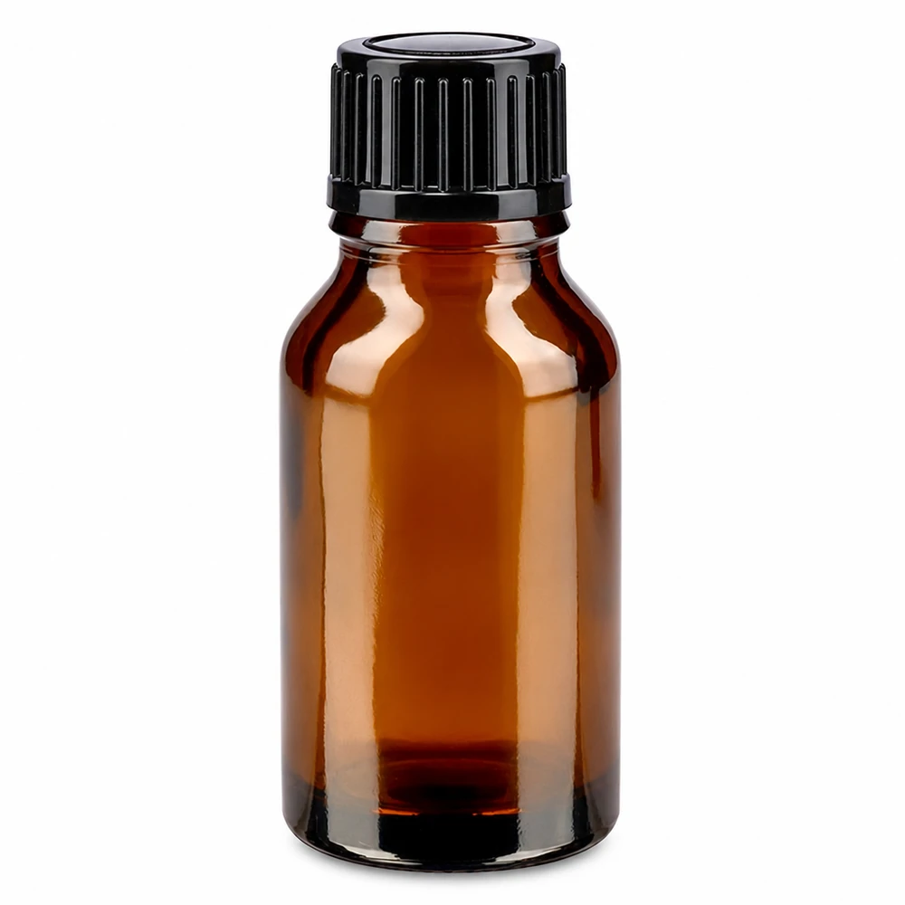 Kleine Glasflasche 15ml in Braun mit kindersicherem schwarzen Schraubdeckel