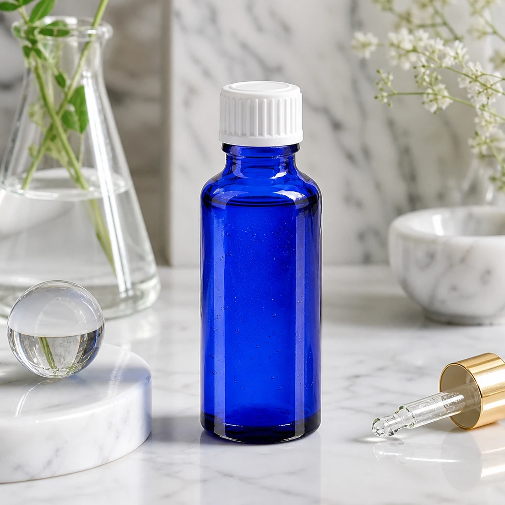 Apothekenflasche blau 30ml Schraubverschluss weiß Standard Kobaltblaue Glasflasche 30ml mit weißem Schraubdeckel neben Laborkolben und Blüten