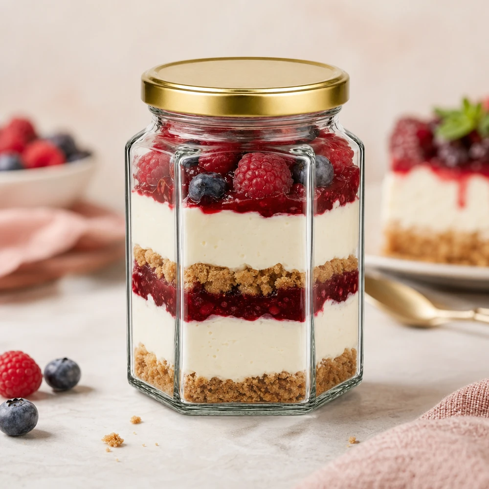 288ml Hexaglas BasicSeal gold mit Schichtdessert aus Beeren und Creme zeigt elegante Präsentation für Nachspeisen