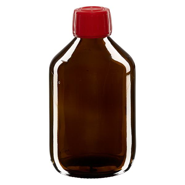 300ml Medizinflasche braun, Verschluss rot mit Originalitätsring ApoGlas 300ml Medizinflasche braun, Verschluss rot mit Originalitätsring ApoGlas