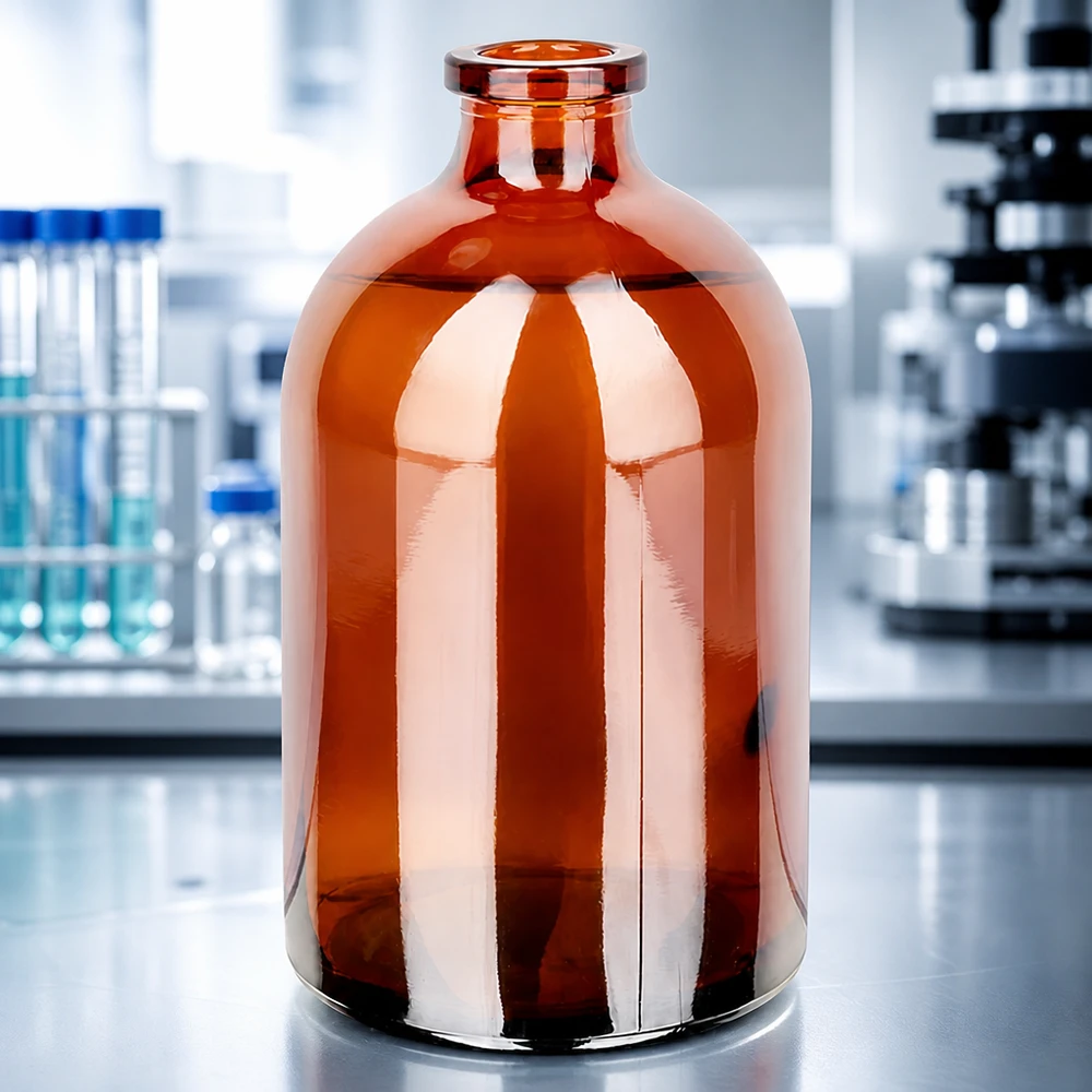 Injektionsflasche Braunglas 100ml Großformatige Injektionsflasche Braunglas 100ml mit gewölbter Schulter und schmalem Flaschenhals