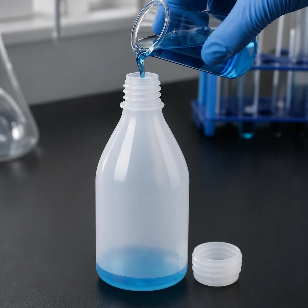 100ml Laborflasche Enghals ohne Verschluss Laborant mit blauem Handschuh füllt 100ml Enghalsflassche mittels Becherglas mit blauer Lösung