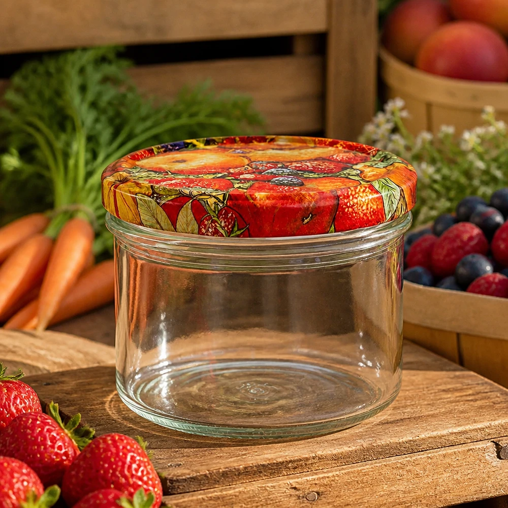 225ml Sturzglas Obst-Dekor auf Holzbrett mit frischen Beeren, Karotten und Äpfeln für natürliche Konservierung