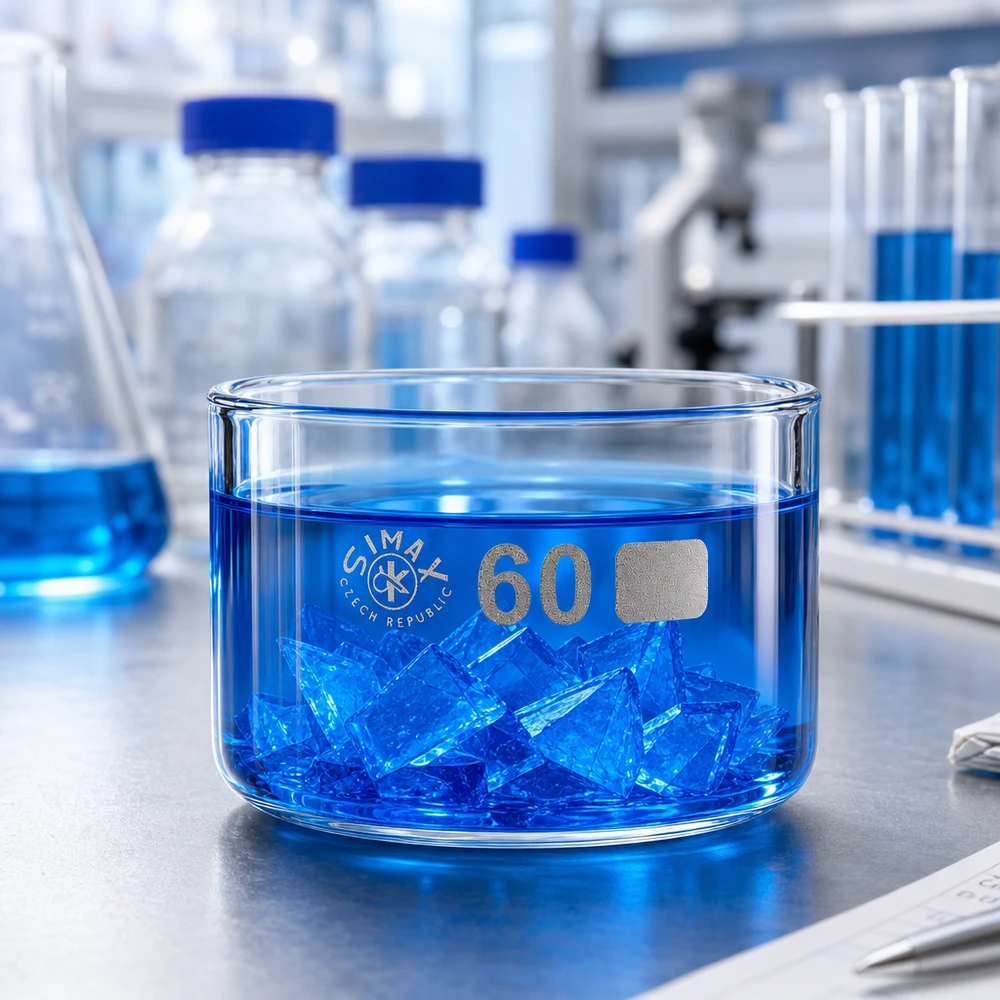 Simax Kristallisierschale 60ml mit blauer Lösung und Kristallen auf Labortisch