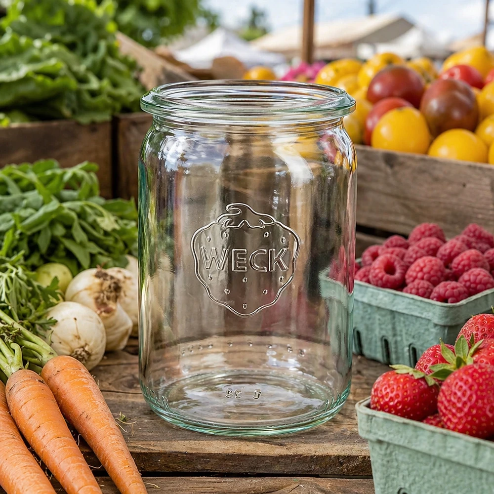 WECK RR40 Zylinderglas 145ml auf Marktstand zwischen frischen Karotten, Erdbeeren, Himbeeren und buntem Gemüse präsentie