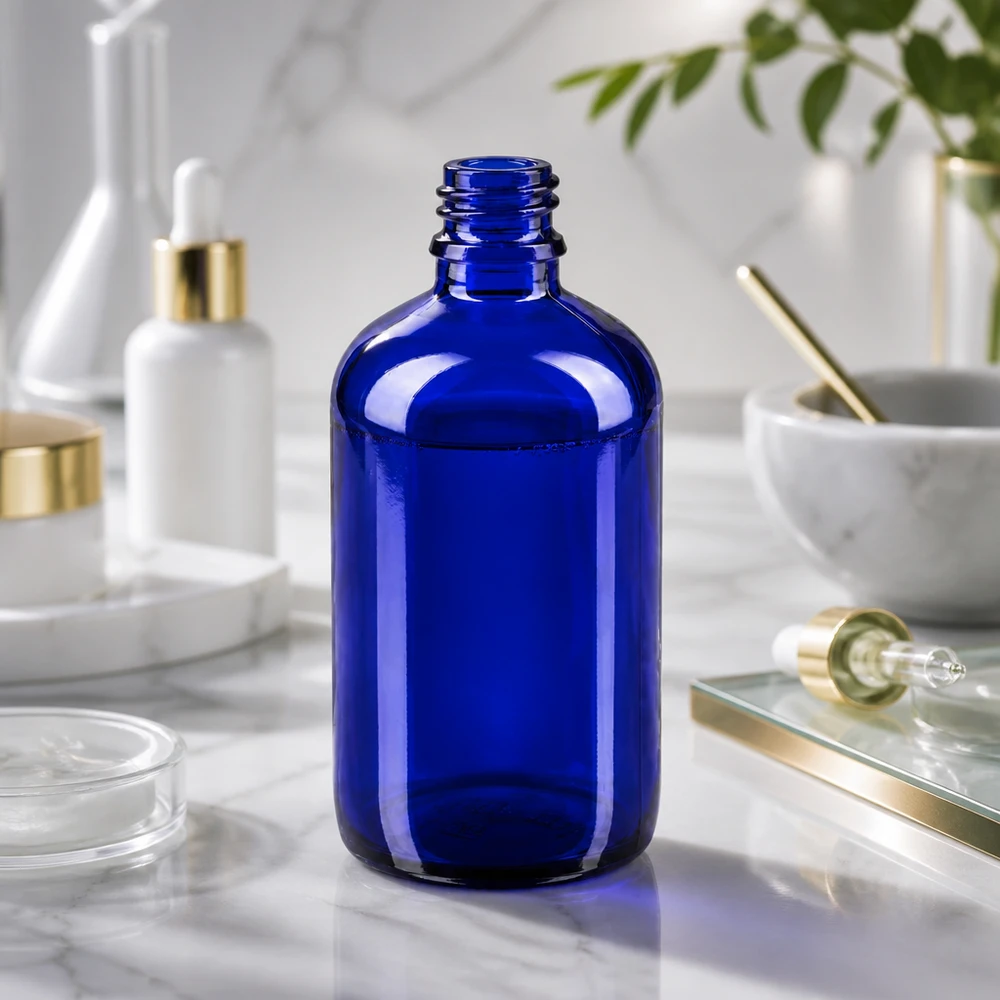 Tropfflasche 100ml DIN 18 BLAUGLAS Praktische 100ml blaue Glasflasche mit weiter Öffnung für einfaches Befüllen und Dosieren