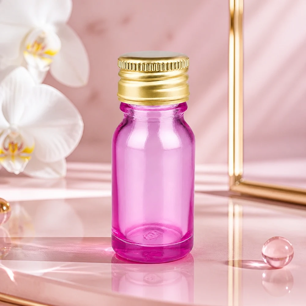 10ml Flasche 11mm Schraubverschluss Alu-Gold Standard PurpleLine. UT18/10 10ml Flasche aus UV-schützendem violettem Glas mit wiederverschließbarem Gold-Aluminium Deckel