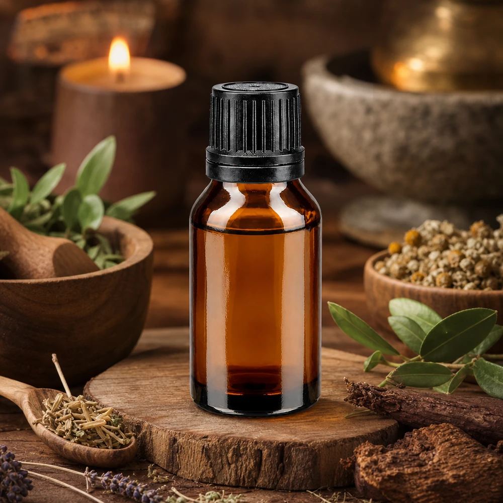 Braune Glasflasche 15ml mit Präzisionstropfer schwarz zwischen getrockneten Heilkräutern