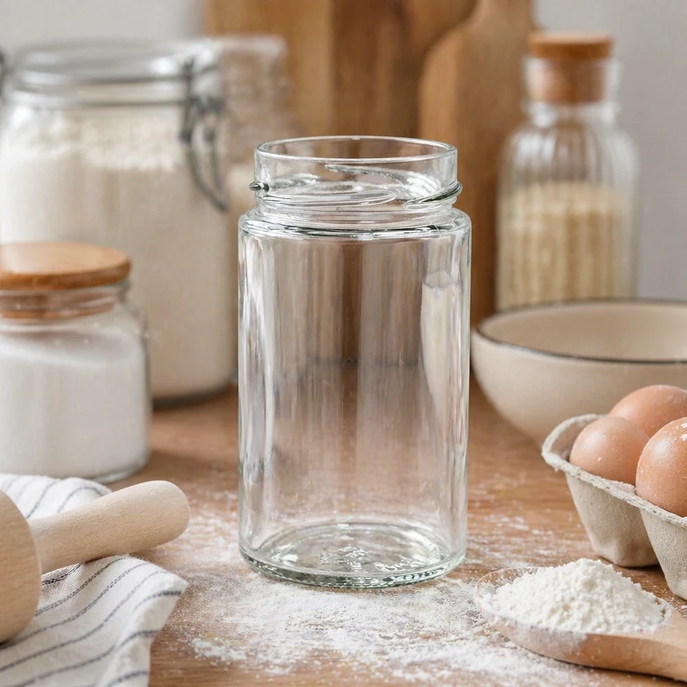Leeres Rundglas 245ml in Küchenumgebung mit Eiern und Mehl - ideal für Gewürze und Vorratshaltung