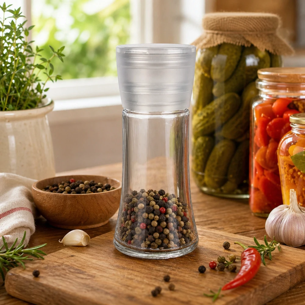 Salz-/Gewürzglas 95ml mit Mühle Vario weiss Gewürzglas Vario 95ml mit Mühle neben eingelegten Gurken und Tomaten in Einmachgläsern