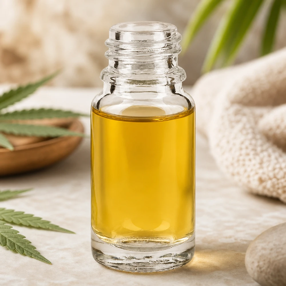 10ml ClearLine Apothekenflasche UNiTWIST mit bernsteinfarbenem Öl und Hanfpflanzen im Hintergrund