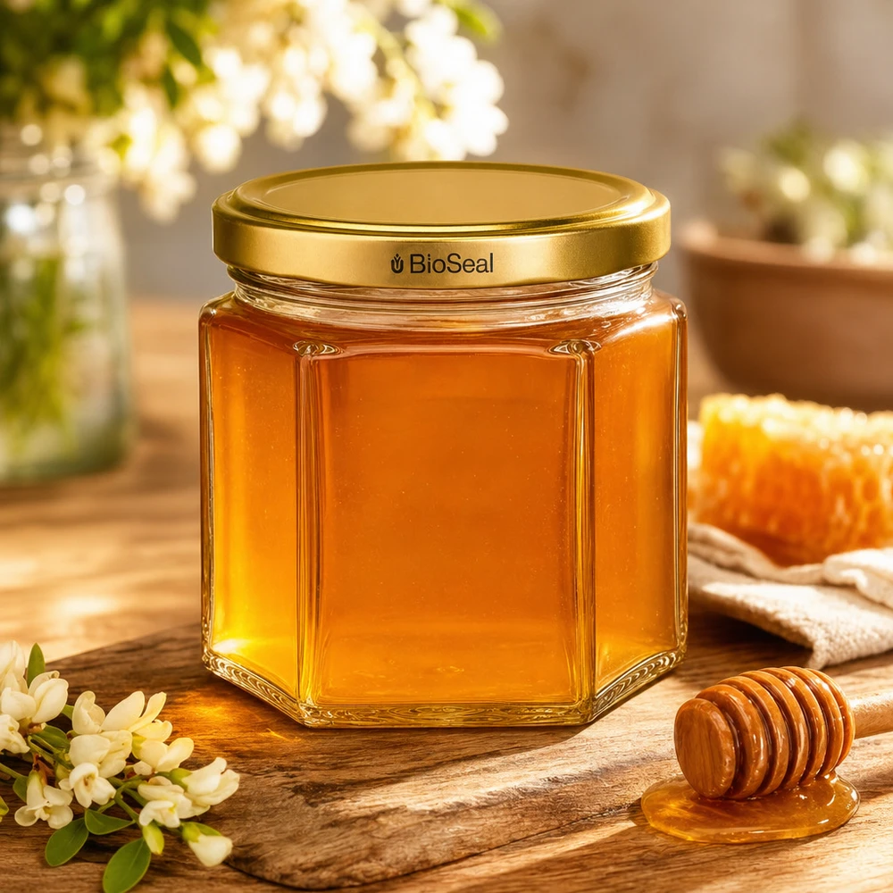 47ml Hexaglas mit BioSeal Deckel gold UNiTWIST Hochwertiges UNiTWIST Hexa47 Honigglas mit goldenem BioSeal Verschluss neben Honigwaben und Honiglöffel