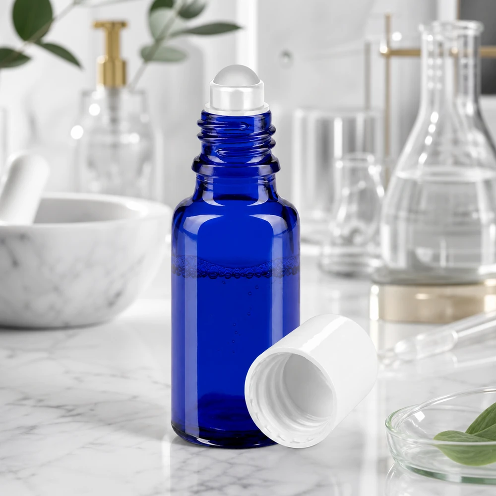 Kleine blaue Glasflasche mit Rollapplikator für ätherische Öle im Laborumfeld