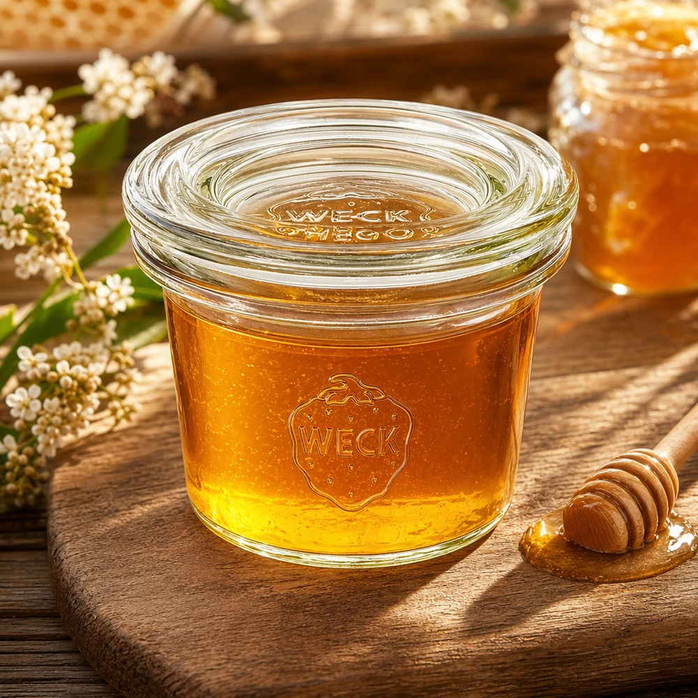 WECK Sturzglas 35ml RR40 mit Honig gefüllt zwischen Blüten auf Holzbrett zeigt natürliche Verwendung