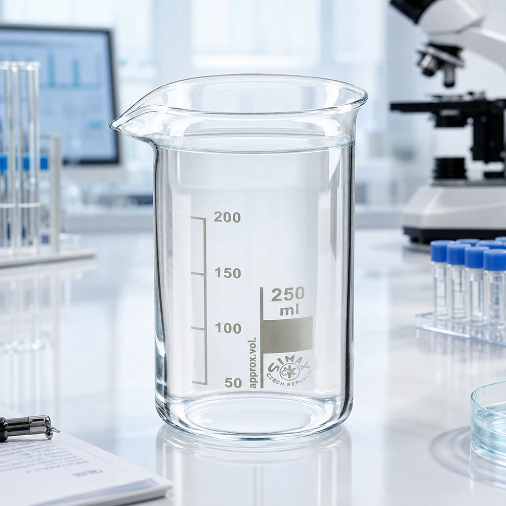 Becherglas 250ml Borosilikatglas, hohe Form Becherglas 250ml hohe Form Borosilikatglas auf weißem Labortisch neben Mikroskop und Reagenzgläsern