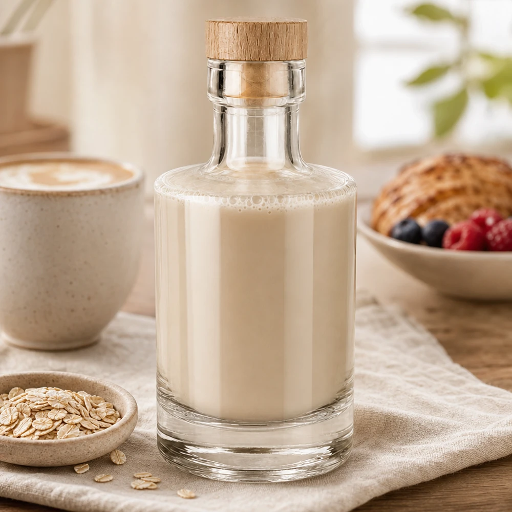 200ml Glasflasche Marie mit heller Milch befüllt, Holzkorken-Verschluss, Lifestyle-Arrangement mit Haferflocken und Beer