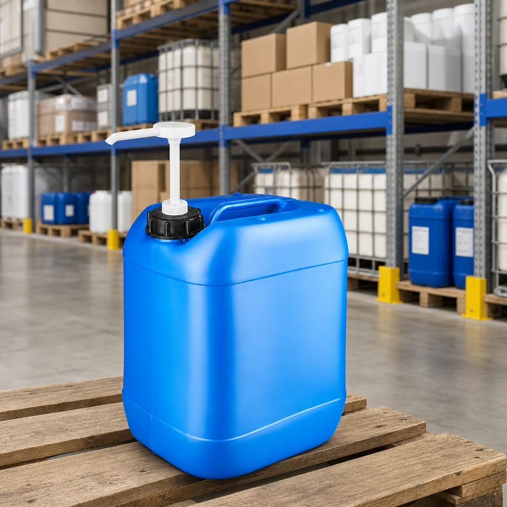 Kanister 20 Liter blau mit Dosierpumpe HDPE Kanister 20L blau mit weißer Entnahmepumpe im Chemikalienlager