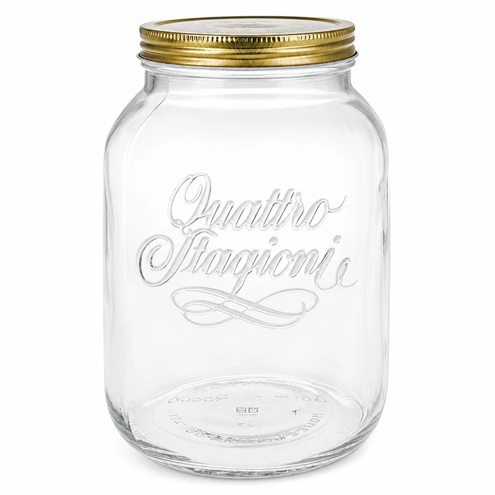 Leeres 3000ml Quattro Stagioni Rundglas mit goldenem Schraubdeckel und geprägtem Logo auf weißem Hintergrund