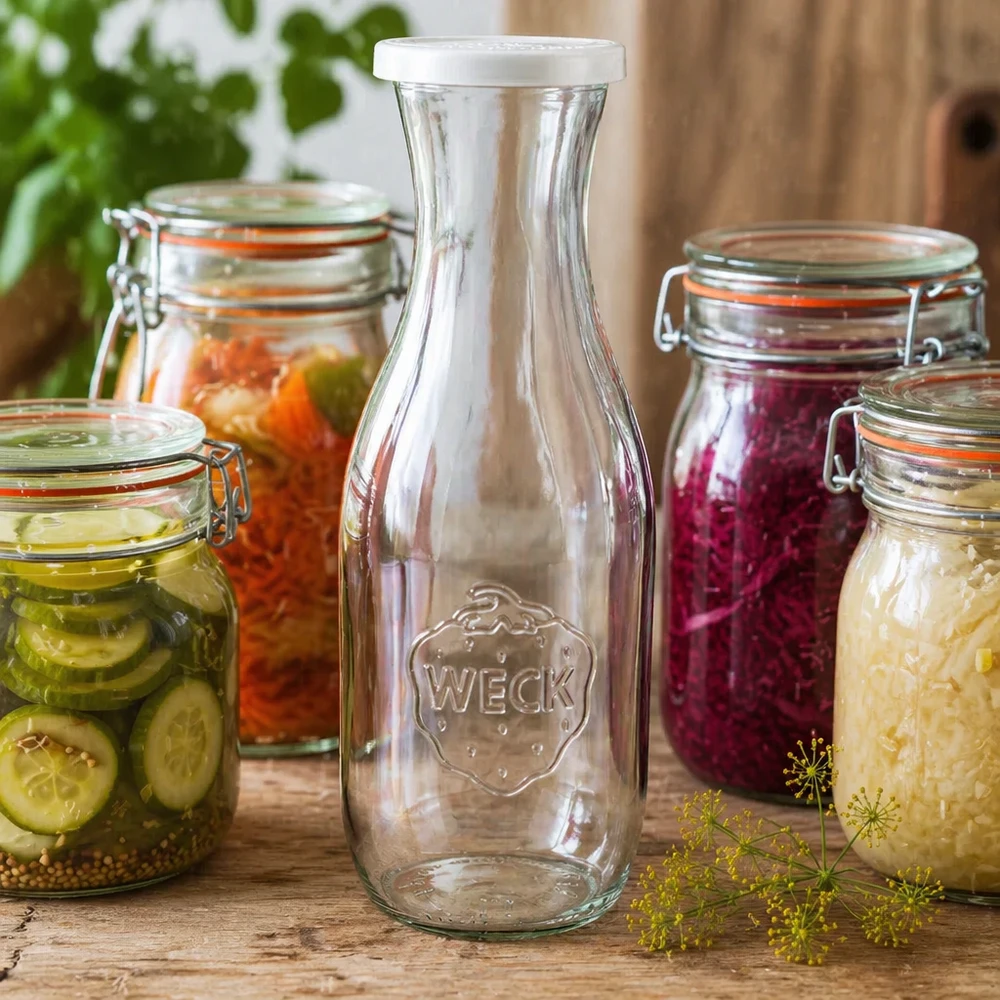 WECK Saftflasche 1062ml aus Glas zwischen bunten Einmachgläsern mit fermentierten Lebensmitteln und Gemüse
