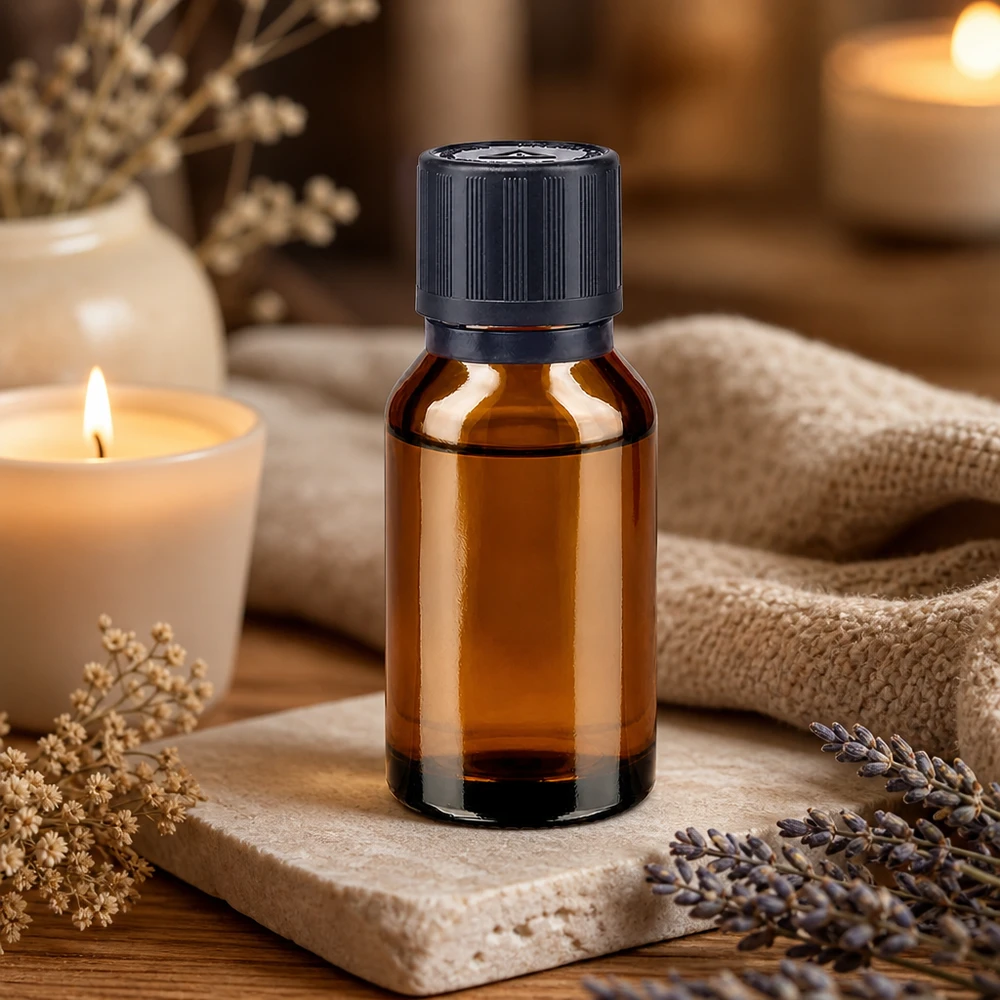 Kompakte Apothekerflasche 15ml Braunglas mit kindersicherem Schraubverschluss auf Naturstein