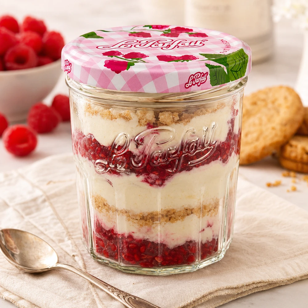 324ml Le Parfait Sturzglas mit Himbeer-Mascarpone-Dessert und dekorativem Schraubdeckel neben Löffel und Keksen
