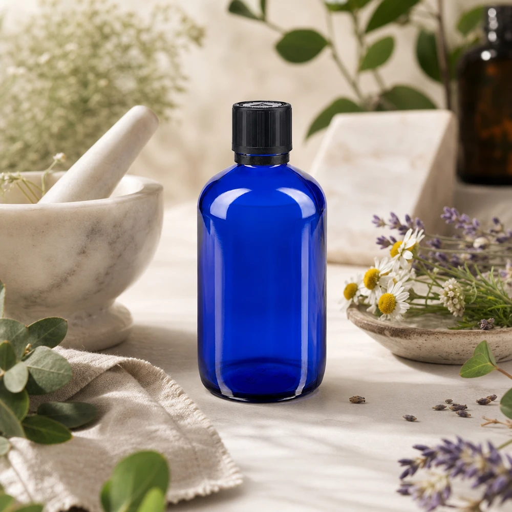 Kobaltblaues Apothekerglas 100ml mit kindersicherem Originalverschluss in natürlicher Kräuterumgebung