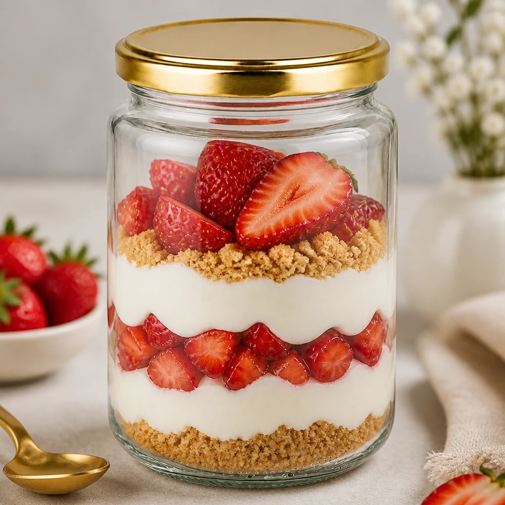 382ml Rundglas mit goldenem Deckel als Dessertglas mit Erdbeeren und Kekskrümeln in eleganter Küche