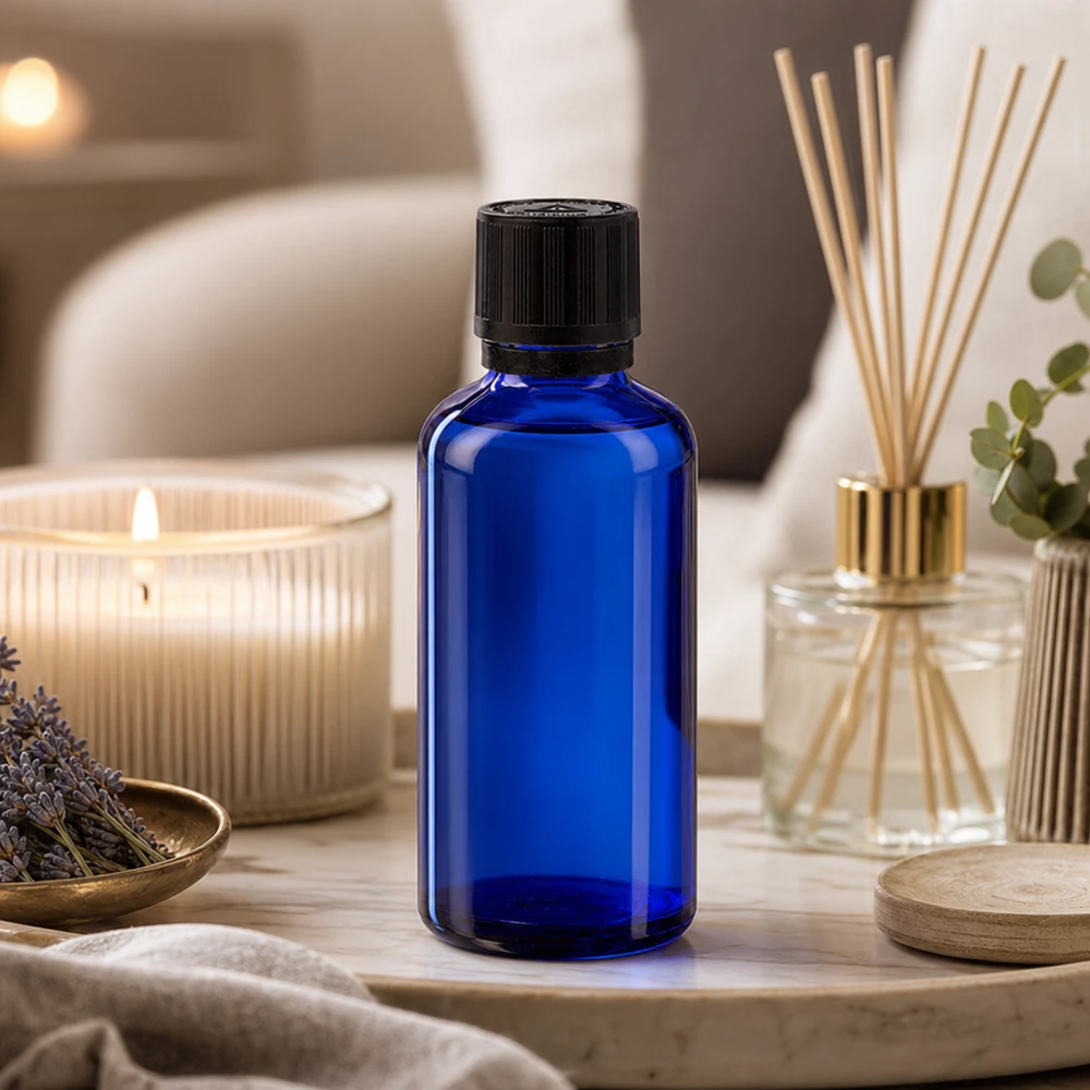 Blaue 50ml Glasflasche mit 1mm Tropfeinsatz neben Raumduft-Diffuser und Kerze im Wellnessambiente