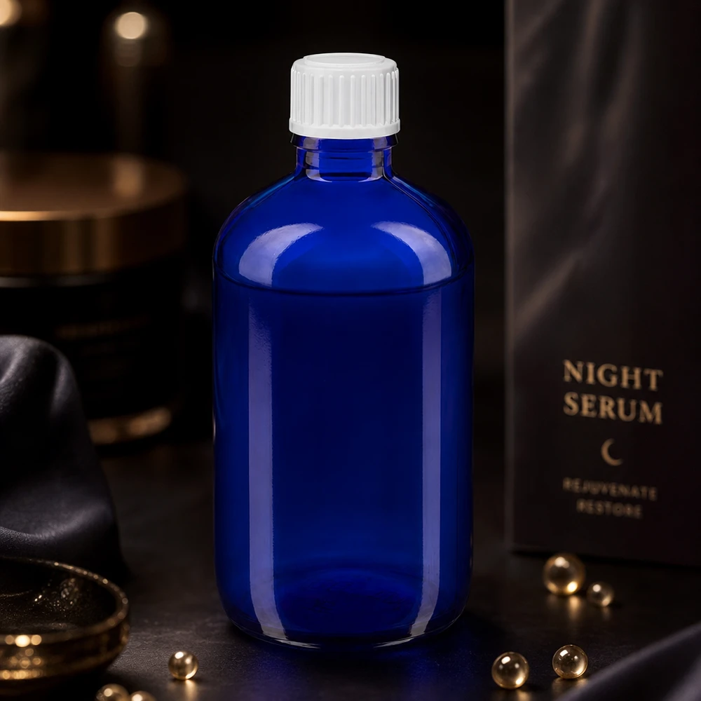 Apothekenflasche blau 100ml Tropfverschluss weiß 0.8mm Standard 100ml blaue Glasflasche STD mit weißem Verschluss neben Night Serum Verpackung auf dunklem Untergrund